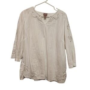 Chico's White Embroidered Eyelet Floral 3/4 Sleeves Blouse Boho Top Size 12 L